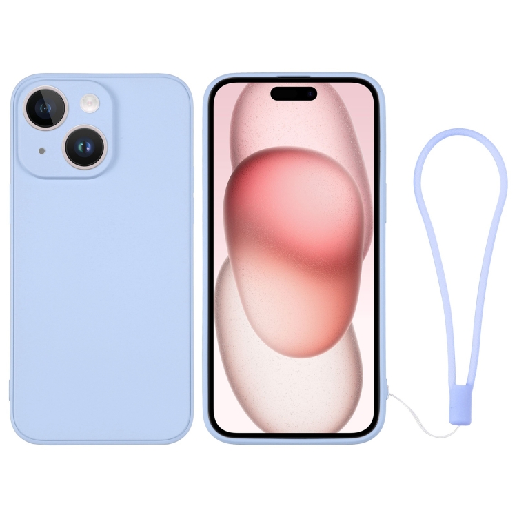 

For iPhone 15 Silicone Phone Case with Wrist Strap(Light Blue)