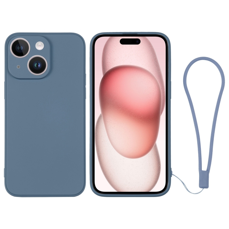 

For iPhone 15 Silicone Phone Case with Wrist Strap(Grey Blue)