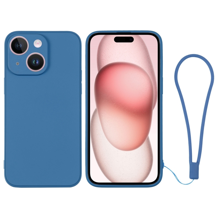 

For iPhone 15 Silicone Phone Case with Wrist Strap(Blue)