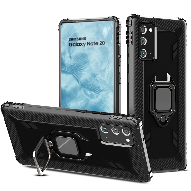 

For Samsung Galaxy Note 20 Carbon Fiber Protective Case with 360 Degree Rotating Ring Holder(Black)