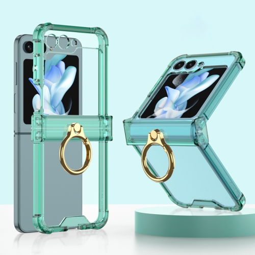 For Samsung Galaxy Z Flip5 Gkk Airbag Hinge Silicone Phone Case with Ring Holder(Transparent Green) boat 316 stainless steel 69mm hook with ring rigging sailing fixed bail snap shackle quick release outdoor accessories