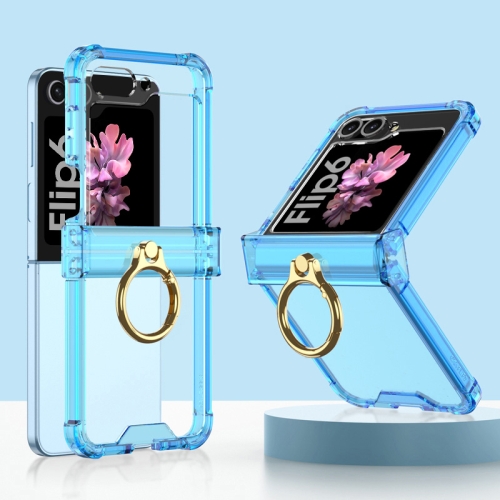 For Samsung Galaxy Z Flip6 Gkk Airbag Hinge Silicone Phone Case with Ring Holder(Transparent Blue)