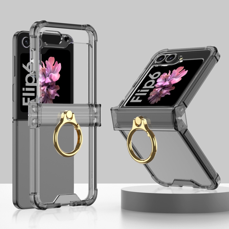 

For Samsung Galaxy Z Flip6 / Flip7 FE Gkk Airbag Hinge Silicone Phone Case with Ring Holder(Transparent Black)