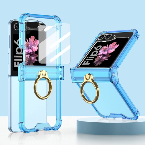 For Samsung Galaxy Z Flip6 Gkk Airbag Hinge Silicone Phone Case with Ring Holder & Tempered Film(Transparent Blue)