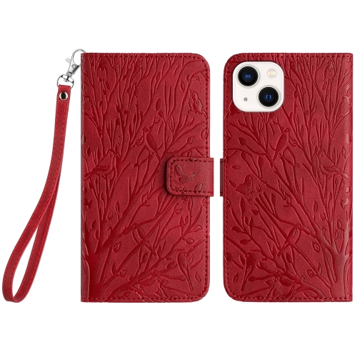 

For iPhone 15 Plus Tree Birds Embossed Pattern Leather Phone Case(Red)