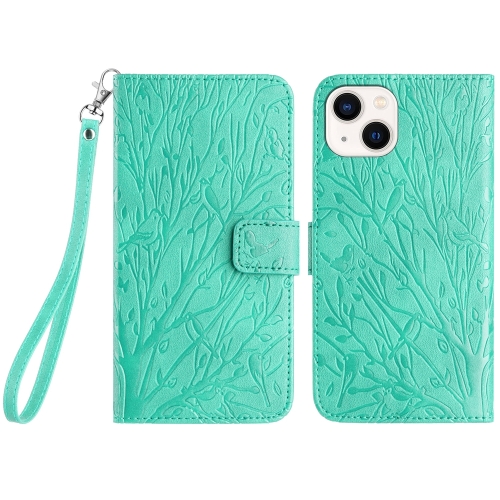 

For iPhone 15 Plus Tree Birds Embossed Pattern Leather Phone Case(Green)