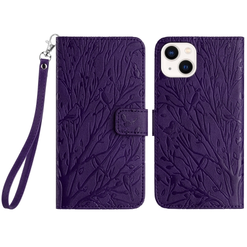 

For iPhone 15 Tree Birds Embossed Pattern Leather Phone Case(Purple)