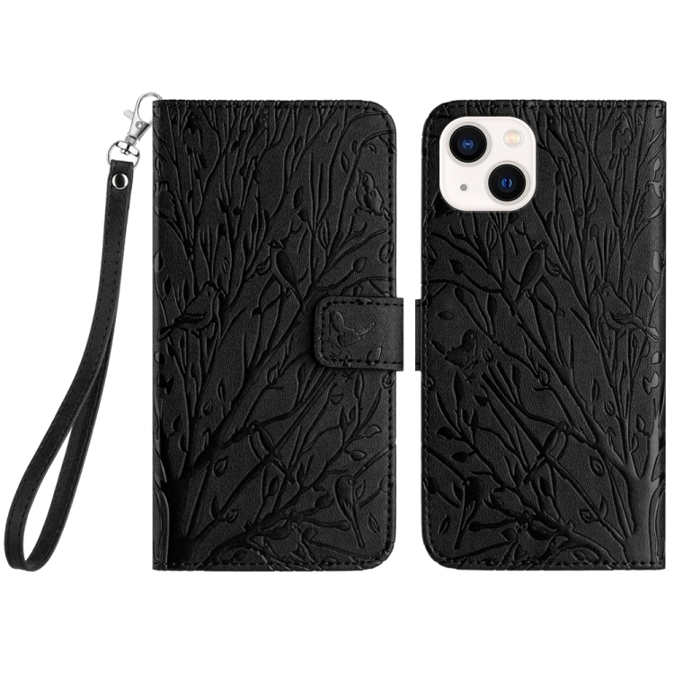 

For iPhone 14 Plus Tree Birds Embossed Pattern Leather Phone Case(Black)