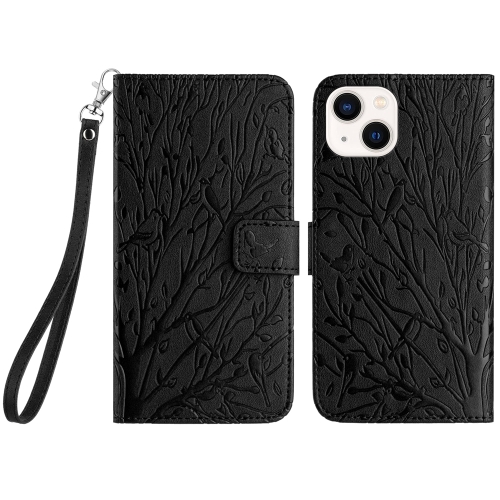 

For iPhone 14 Tree Birds Embossed Pattern Leather Phone Case(Black)