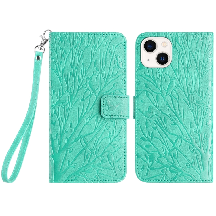 

For iPhone 14 Tree Birds Embossed Pattern Leather Phone Case(Green)