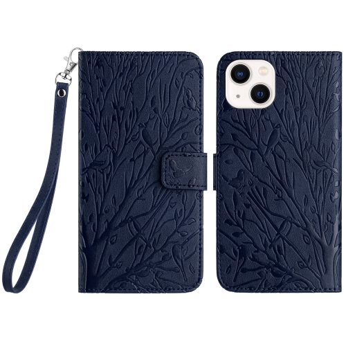 

For iPhone 14 Tree Birds Embossed Pattern Leather Phone Case(Blue)