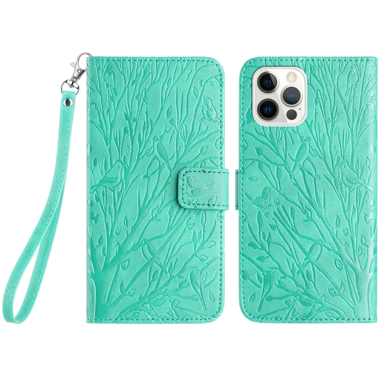 

For iPhone 14 Pro Tree Birds Embossed Pattern Leather Phone Case(Green)