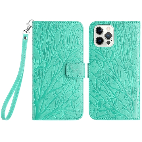 

For iPhone 14 Pro Max Tree Birds Embossed Pattern Leather Phone Case(Green)