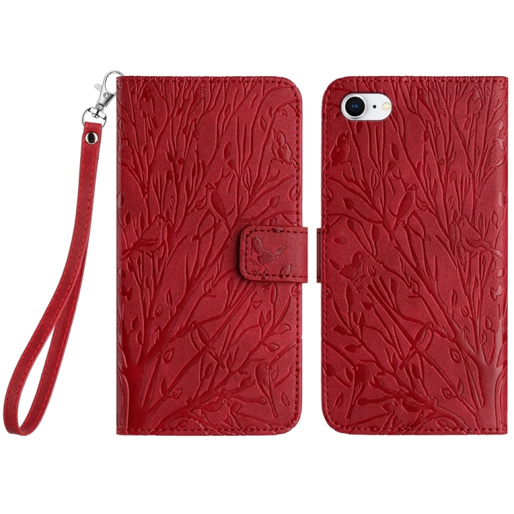 

For iPhone SE 2022/SE 2020/6/7/8 Tree Birds Embossed Pattern Leather Phone Case(Red)
