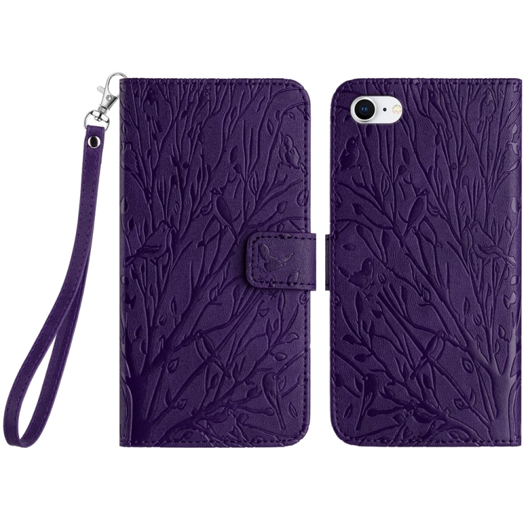 

For iPhone SE 2022/SE 2020/6/7/8 Tree Birds Embossed Pattern Leather Phone Case(Purple)