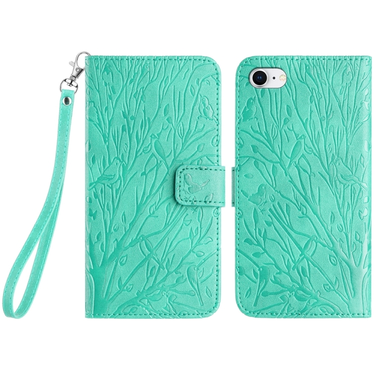 

For iPhone SE 2022/SE 2020/6/7/8 Tree Birds Embossed Pattern Leather Phone Case(Green)