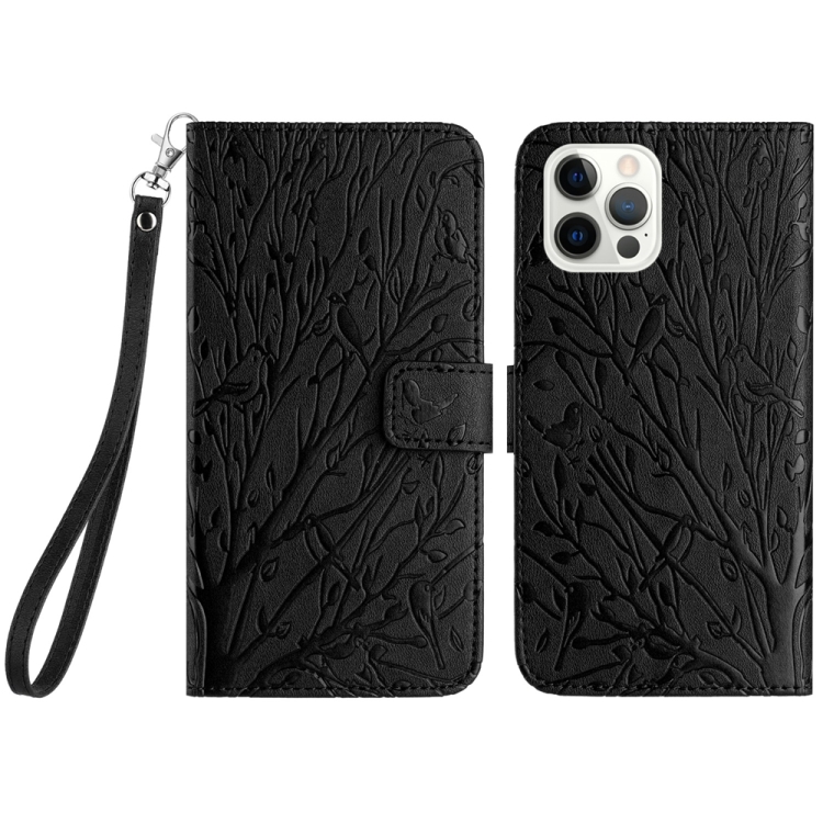 

For iPhone 13 Pro Tree Birds Embossed Pattern Leather Phone Case(Black)