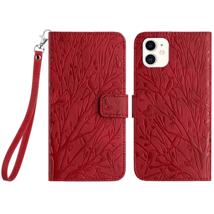 

For iPhone 12 Tree Birds Embossed Pattern Leather Phone Case(Red)
