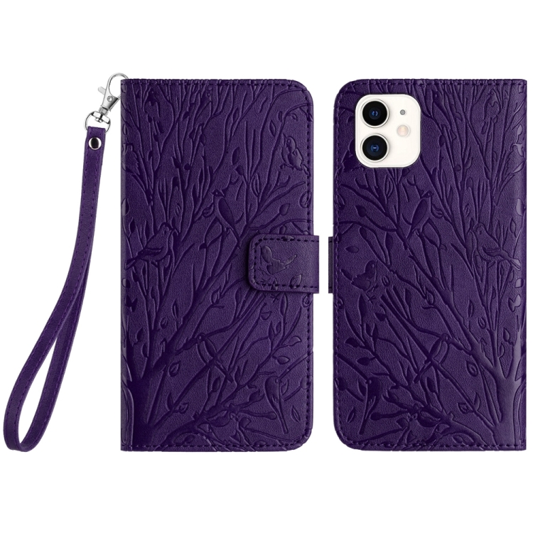 

For iPhone 12 Tree Birds Embossed Pattern Leather Phone Case(Purple)