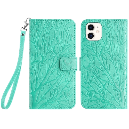 

For iPhone 12 Tree Birds Embossed Pattern Leather Phone Case(Green)