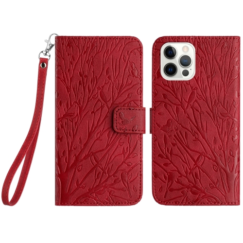 

For iPhone 12 Pro Tree Birds Embossed Pattern Leather Phone Case(Red)