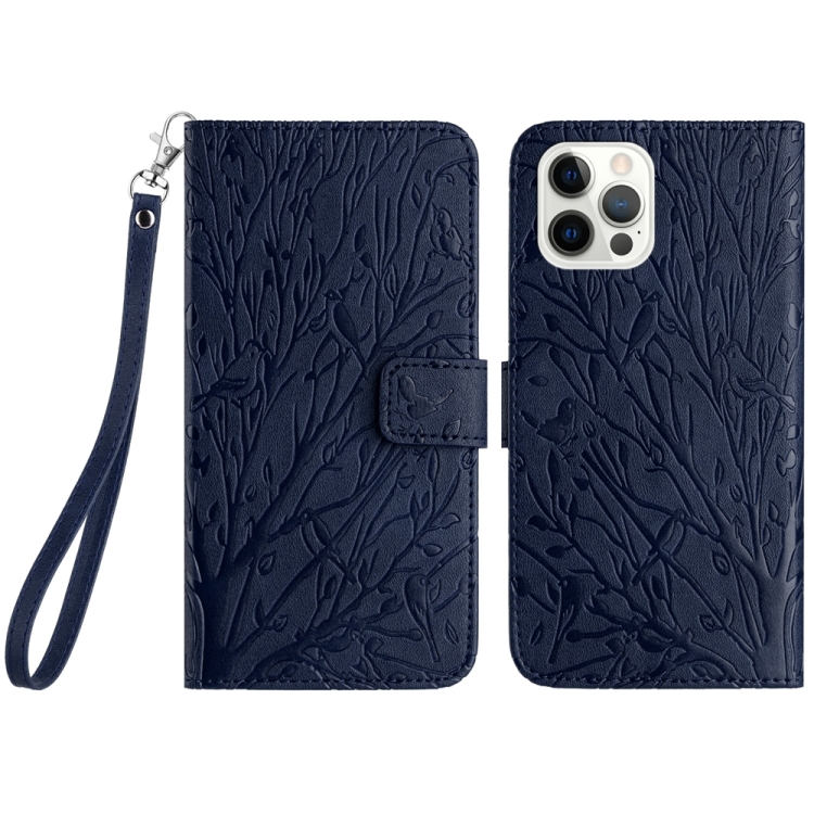 

For iPhone 12 Pro Tree Birds Embossed Pattern Leather Phone Case(Blue)