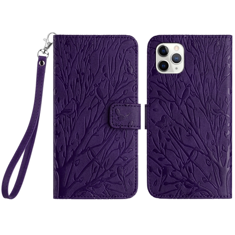 

For iPhone 11 Pro Max Tree Birds Embossed Pattern Leather Phone Case(Purple)