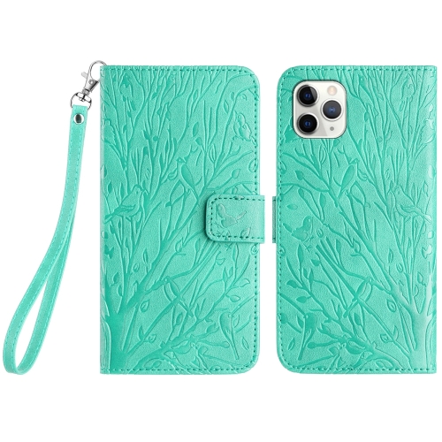 

For iPhone 11 Pro Max Tree Birds Embossed Pattern Leather Phone Case(Green)