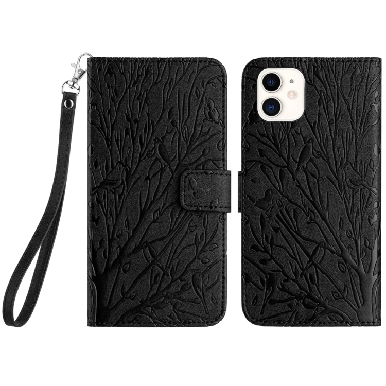 

For iPhone 11 Tree Birds Embossed Pattern Leather Phone Case(Black)