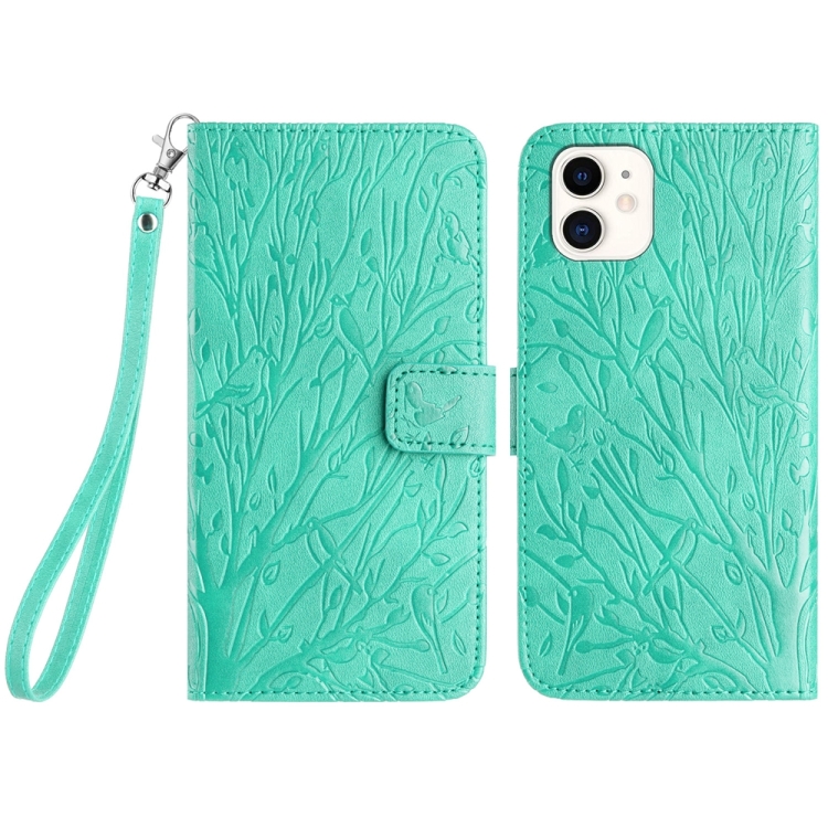 

For iPhone 11 Tree Birds Embossed Pattern Leather Phone Case(Green)