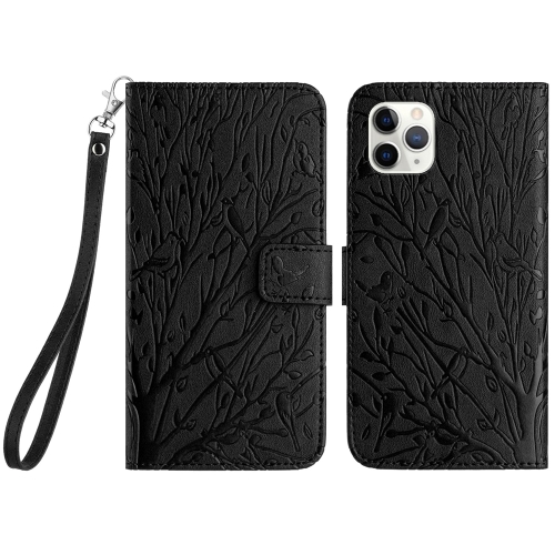 

For iPhone 11 Pro Tree Birds Embossed Pattern Leather Phone Case(Black)