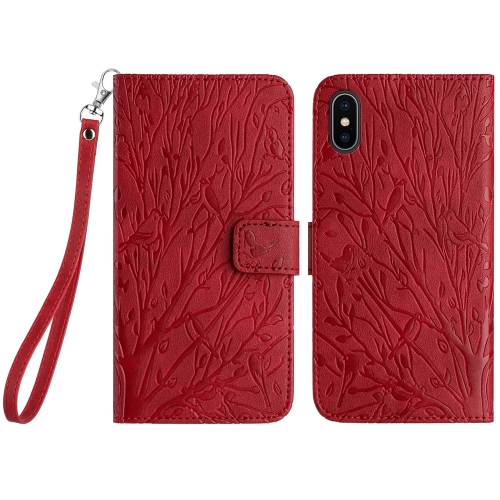 

For iPhone X / XS Tree Birds Embossed Pattern Leather Phone Case(Red)