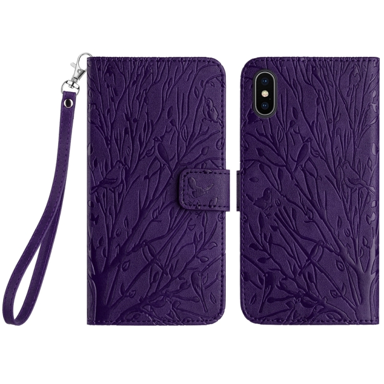 

For iPhone X / XS Tree Birds Embossed Pattern Leather Phone Case(Purple)