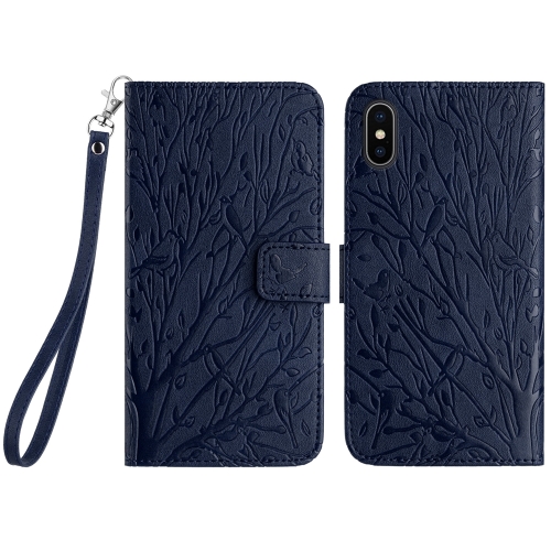 

For iPhone X / XS Tree Birds Embossed Pattern Leather Phone Case(Blue)