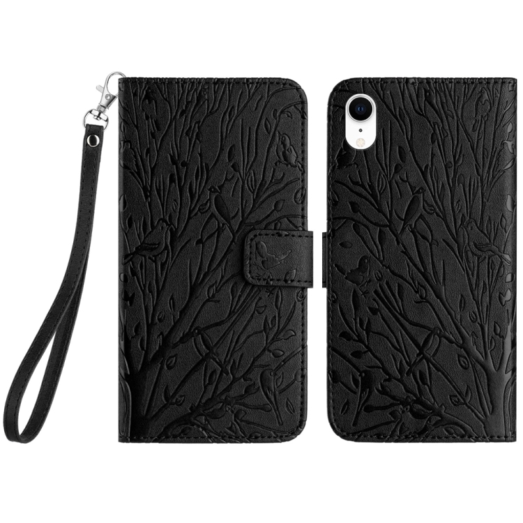 

For iPhone XR Tree Birds Embossed Pattern Leather Phone Case(Black)