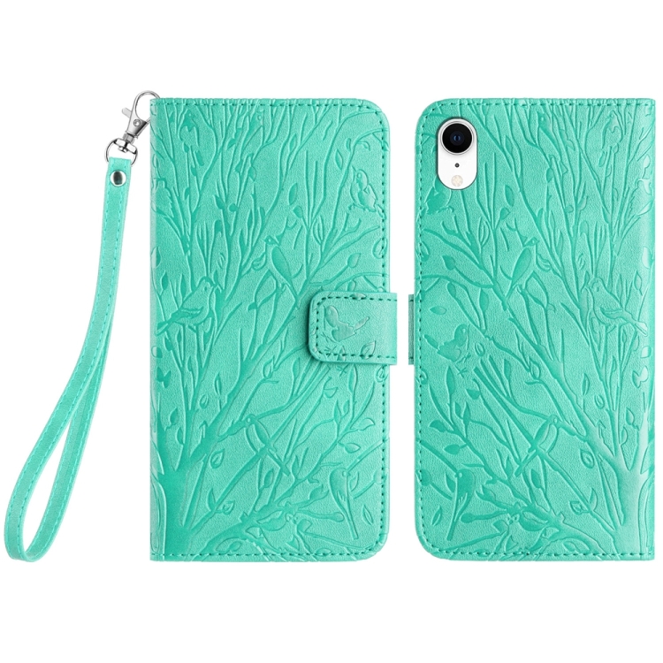 

For iPhone XR Tree Birds Embossed Pattern Leather Phone Case(Green)
