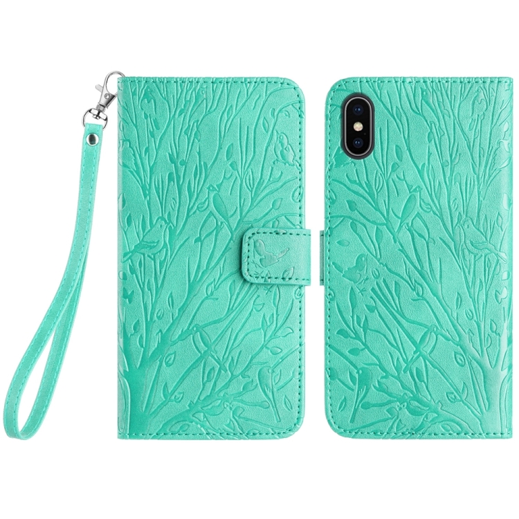 

For iPhone XS Max Tree Birds Embossed Pattern Leather Phone Case(Green)