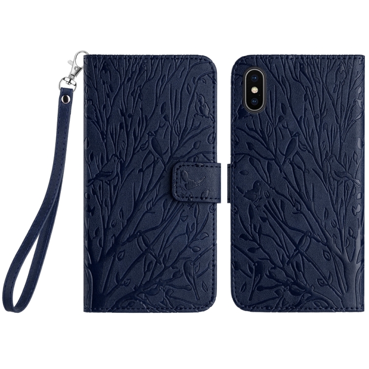 

For iPhone XS Max Tree Birds Embossed Pattern Leather Phone Case(Blue)