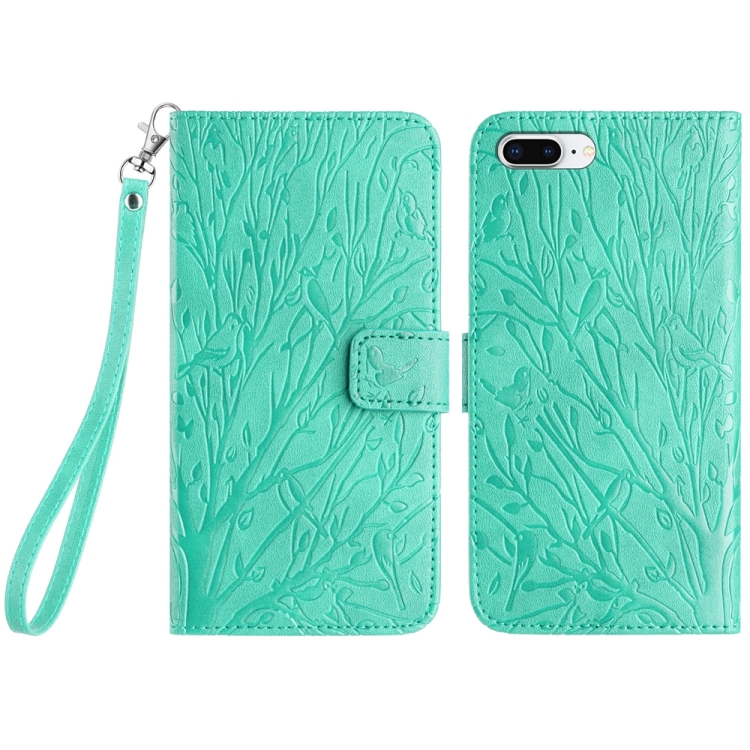 

For iPhone 8 Plus / 7 Plus / 6 Plus Tree Birds Embossed Pattern Leather Phone Case(Green)