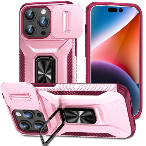 

For iPhone 15 Pro Max Sliding Camshield Holder Phone Case(Pink + Rose Red)