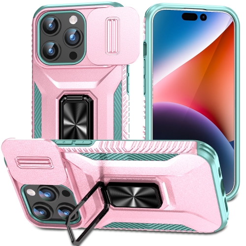 

For iPhone 15 Pro Sliding Camshield Holder Phone Case(Pink + Grey Green)