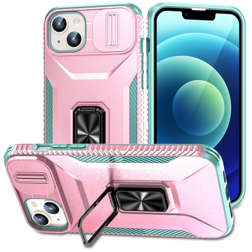 

For iPhone 15 Sliding Camshield Holder Phone Case(Pink + Grey Green)