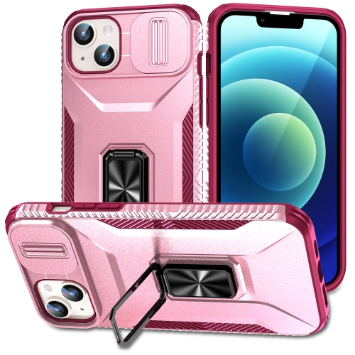 

For iPhone 15 Sliding Camshield Holder Phone Case(Pink + Rose Red)