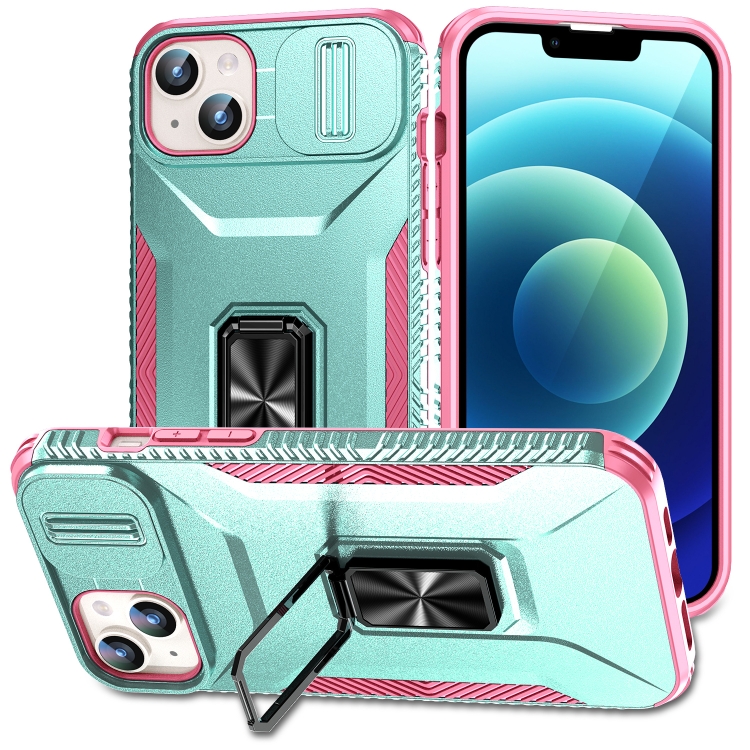 

For iPhone 15 Sliding Camshield Holder Phone Case(Grey Green + Pink)