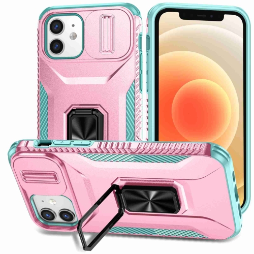 

For iPhone 12 / 12 Pro Sliding Camshield Holder Phone Case(Pink + Grey Green)