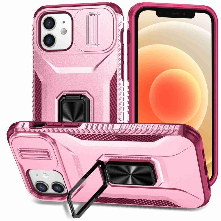 

For iPhone 12 / 12 Pro Sliding Camshield Holder Phone Case(Pink + Rose Red)