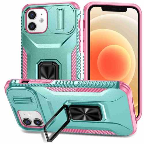 

For iPhone 12 / 12 Pro Sliding Camshield Holder Phone Case(Grey Green + Pink)