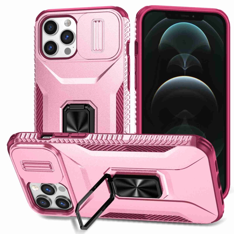 

For iPhone 12 Pro Max Sliding Camshield Holder Phone Case(Pink + Rose Red)
