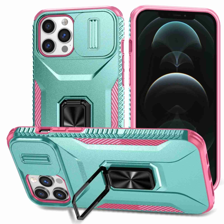 

For iPhone 12 Pro Max Sliding Camshield Holder Phone Case(Grey Green + Pink)