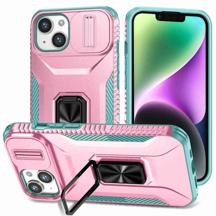 

For iPhone 13 Sliding Camshield Holder Phone Case(Pink + Grey Green)